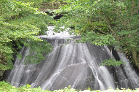 流れ落ちる岩が平面ではないため水が直線ではなく放射状に広がって落ちている滝の写真