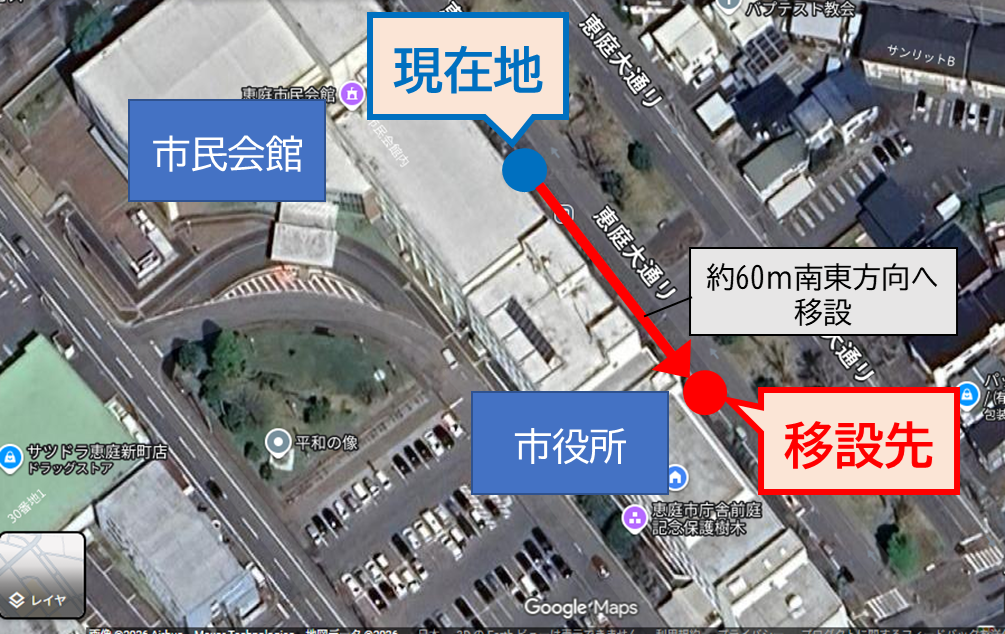 市役所・市民会館Aコース停留所移設位置