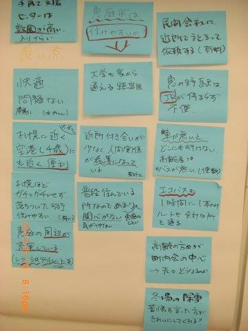 内容の書かれた沢山の水色の付箋の写真