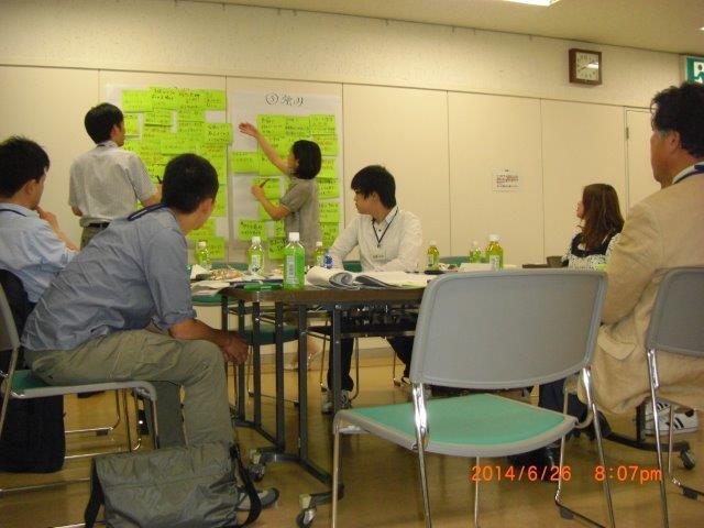びっしりと書かれた大き目の緑色の付箋を大きな白い紙に貼っている写真