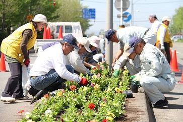 綺麗な花が咲いている沿道の花壇の手入れをしている作業員の方々の写真