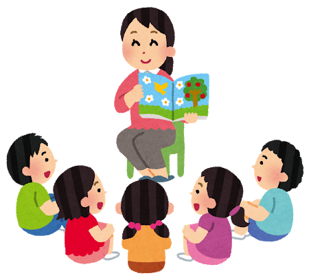 (イラスト)女性の先生が5名の子供達に本を読み聞かせている