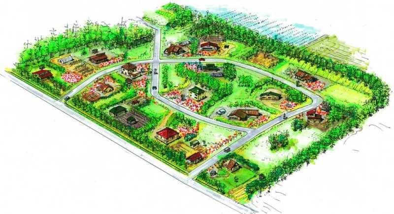 自然環境と農業環境の調和がとれた田園住宅風景がイラストされた完成予定図