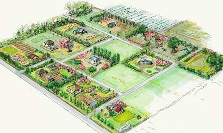 ガーデニングを本格的に楽しみたい人にも満足できる十分な広さのある住宅地に整備された田園住宅がイラストされた完成予定図