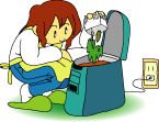 エプロンを着けた女性が室内で電動生ごみ処理機に生ごみを入れているイラスト