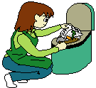 緑色のエプロンを着けた女性が電動生ごみ処理機を使用しているイラスト