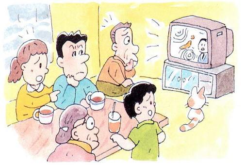 家族5人でテレビの台風情報を心配そうに観ている様子のイラスト