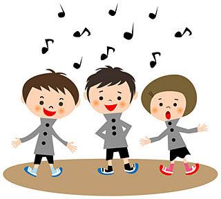 男の子二人と女の子一人が楽しそうに歌を歌っているイラスト