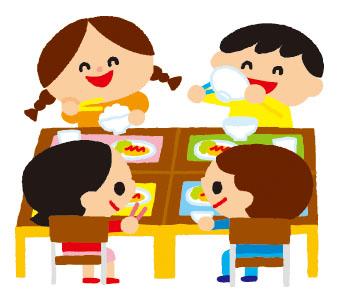 男の子と女の子の4人組が机をくっつけておいしそうに給食を食べているイラスト
