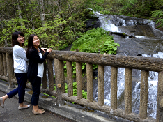 橋の上から滝をバックに写真撮影をする女性2人の写真