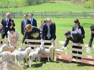 姉妹都市・ティマル市があるニュージーランドからイングリッシュ首相夫妻が恵庭を訪れ、子羊に授乳する原田市長の写真